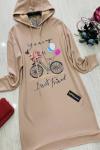 Kapşonlu Bisiklet Baskı Tunik Bej UMS734