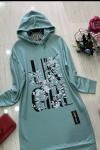 Kapşonlu Çiçek Desen Tunik Mint UMS751