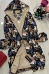 Kapşonlu  Desenli Kumaş Yağmurluk Mont Siyah Ums794