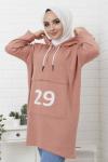 Kapşonlu 29 baskılı Triko Tunik Pudra NFS14371