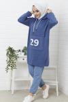 Kapşonlu 29 baskılı Triko Tunik Mavi  NFS14371