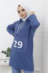 Kapşonlu 29 baskılı Triko Tunik Mavi  NFS14371