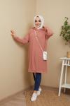 Kapşonlu Uzun triko Tunik Gül 14422