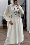 Kapşonlu Baskılı Triko Tunik  Beyaz NFS14218