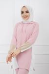 Kapşonlu Renkli Ayrobin Kumaş Takım Pembe  UMS 923