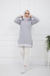 Kapşonlu Kol_Etek Ucu lastikli Tunik Gri  ZNK935