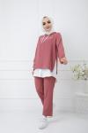 Kapşonlu Ayrobin Kumaş Takım Gül UMS977