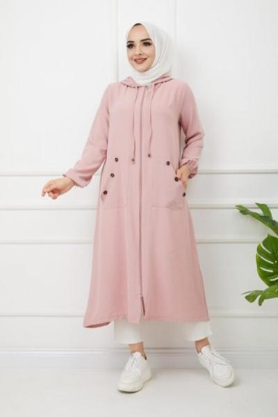 Kapşonlu fermuarlı Ayrobin kap Pudra ZNK1125