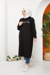 Kapşonlu uzun Baskılı tunik-elbise Siyah ADY1302