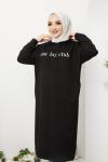 Kapşonlu uzun Baskılı tunik-elbise Siyah ADY1302