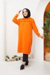 Kapşonlu uzun Baskılı tunik-elbise Turuncu ADY1302