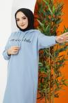 Kapşonlu uzun Baskılı tunik-elbise Mavı ADY1302