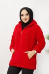Kapşonlu cepli peluş mont KırmızıTBT1304