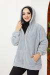 Kapşonlu cepli peluş mont Gri TBT1304