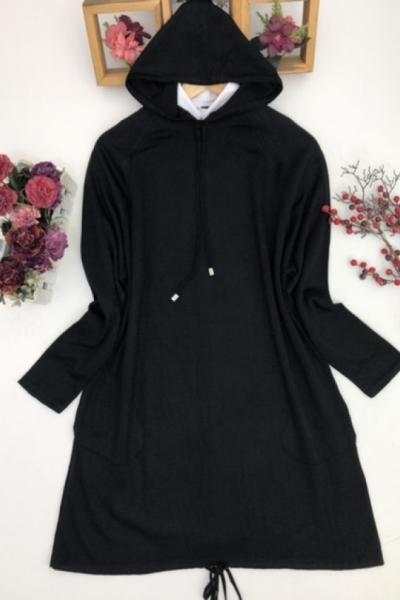 Kapşonlu cepli triko Tunik siyah NFS1325