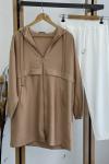 Kapşonlu keten kumaş cepli kap Bej SLT1562