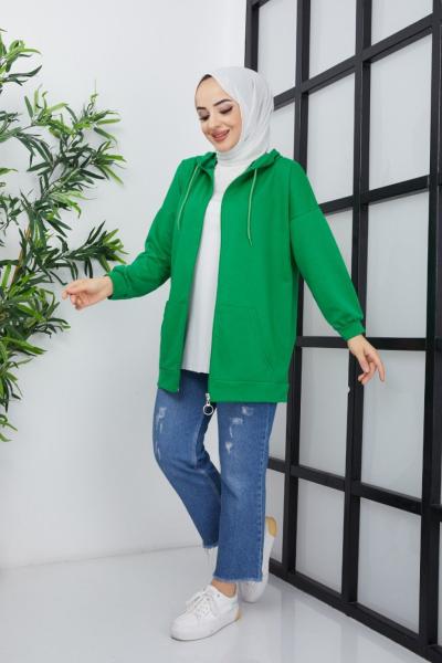 Kapşonlu cepli iki iplik ceket Yeşil TBT3002