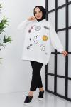 Kapşonlu emojili sweatshirt Beyaz SLT3015