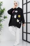 Kapşonlu emojili sweatshirt Siyah  SLT3015