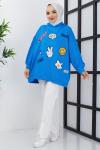 Kapşonlu emojili sweatshirt Mavi  SLT3015