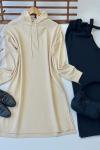 Kapşonlu uzun ikiiplik tunik bej  ADY3039
