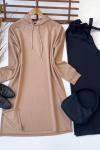Kapşonlu uzun ikiiplik tunik camelADY3039