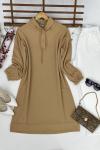 Kapşonlu yaka düğmeli Tunik Bej   SLT3045