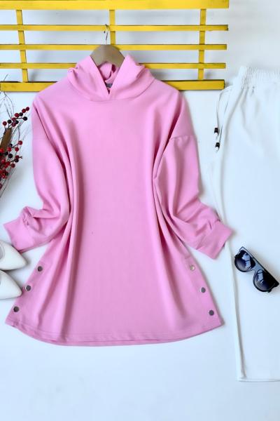 KAPŞONLU ÇITÇITLI  İKİİPLİK TUNİK  PEMBE   ADY30100