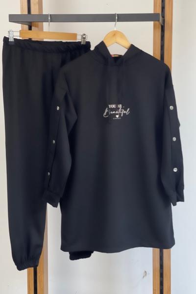 Kapşonlu Kol çıtçıtlı  Takım Siyah SLT30114