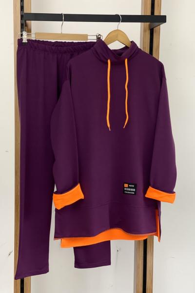 Kapşonlu  manşet renkli ikili takım Mor   SLT30125