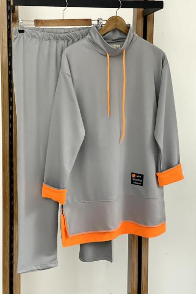 Kapşonlu  manşet renkli ikili takım Gri SLT30125