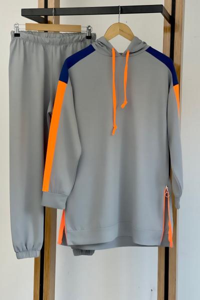 Kapşonlu kol manşetli fermuarlı Takım gri SLT30145