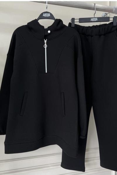 Kapşonlu Yaka fermuarlı  Üçiplik Takım Siyah UMS50119
