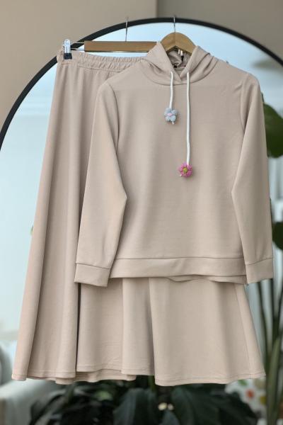 Kapşonlu Oysho kumaş etek bluz  Takım Bej UMS50207