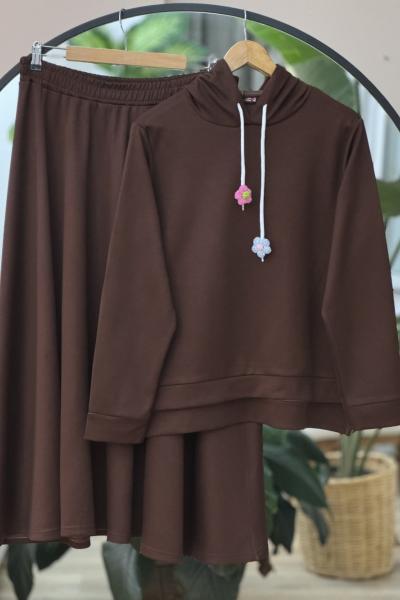 Kapşonlu Oysho kumaş etek bluz  Takım Kahve UMS50207