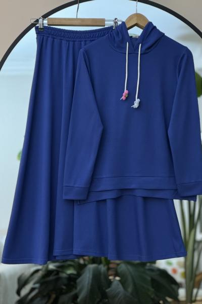 Kapşonlu Oysho kumaş etek bluz  Takım İndigo UMS50207