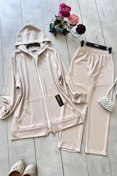 Kapşonlu fermuarlı coban dikiş Takım Bej UMS50215