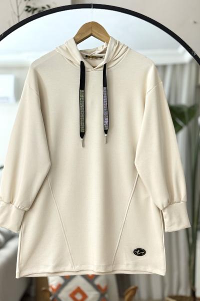 Kapüşonlu armalı  oyso tunik bej TCN40108