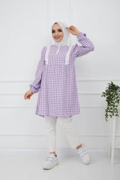 Kareli Dantel Detaylı Tunik Lila  PNK917