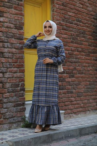 BEL LASTİKLİ KARELİ Elbise Hbs769