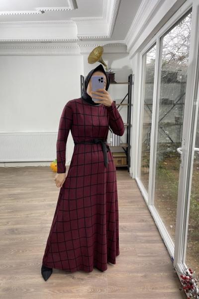 Kareli kuşaklı çan elbise