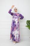 Karışık Desenli Viskon Elbise Mor  GLN1119