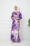Karışık Desenli Viskon Elbise Mor  GLN1119