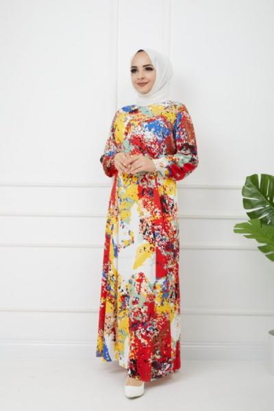 Karışık Desenli Viskon Elbise Kırmızı-sarı  GLN1119