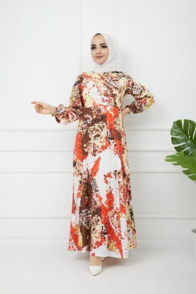 Karışık Desenli Viskon Elbise Kahve bej GLN1119