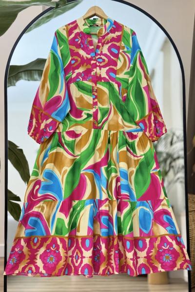 Karra Desenli Patlı yarım Düğme Elbise Yeşil  UMS50143