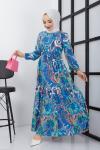 Karşık desenli Viskon kumaş mevlana elbise mavi UMS1645