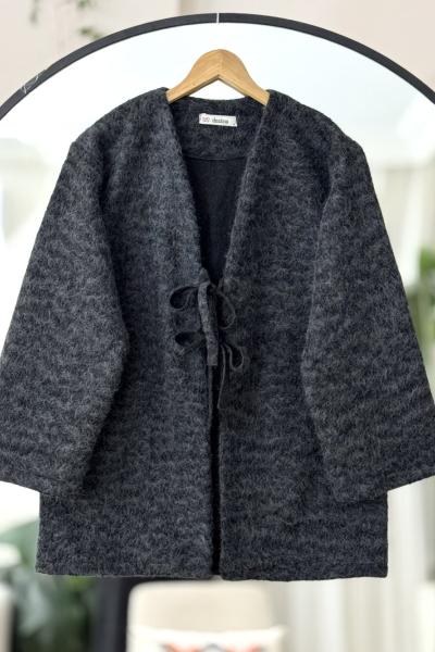 Kaşe Kumaş fiyonk Bağlamalı Hırka Siyah DS2052