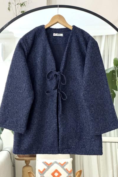 Kaşe Kumaş fiyonk Bağlamalı Hırka Lacivert DS2052