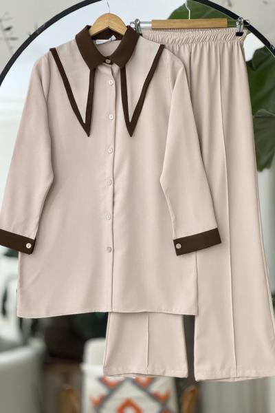 Kelebek yaka Detaylı Takım Bej YR30527